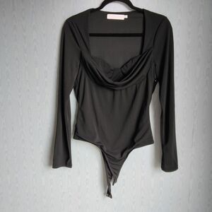 ASTR The Label Draped‎ Front Defined Long Sleeve Bodysuit Black Medium